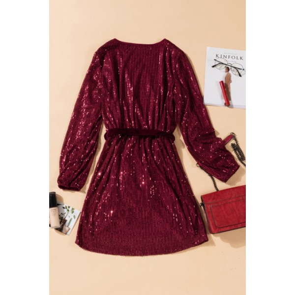 Wine Red Loose Long Sleeve Sequin Dress with Sash