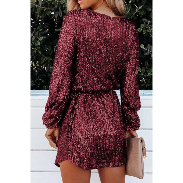 Wine Red Loose Long Sleeve Sequin Dress with Sash