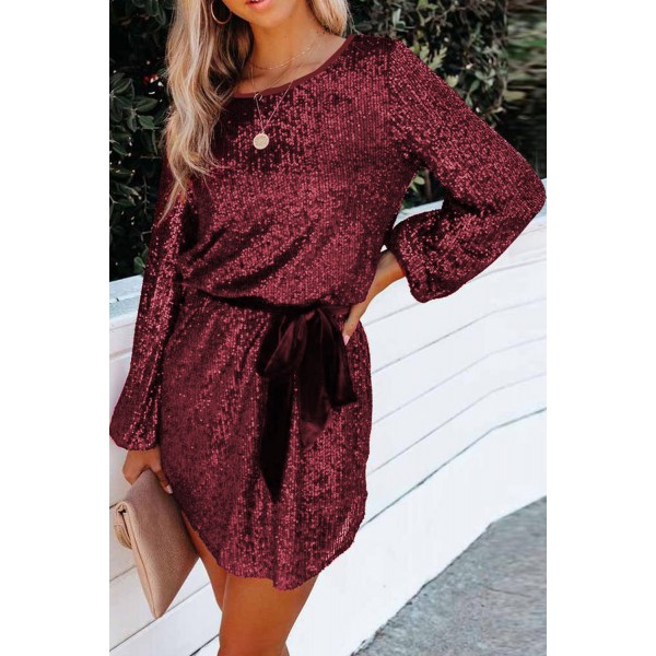 Wine Red Loose Long Sleeve Sequin Dress with Sash