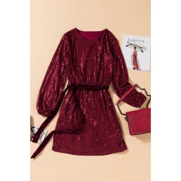 Wine Red Loose Long Sleeve Sequin Dress with Sash