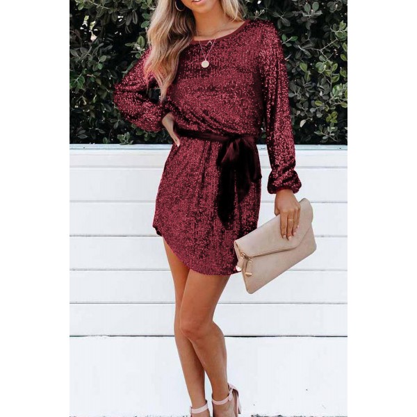 Wine Red Loose Long Sleeve Sequin Dress with Sash