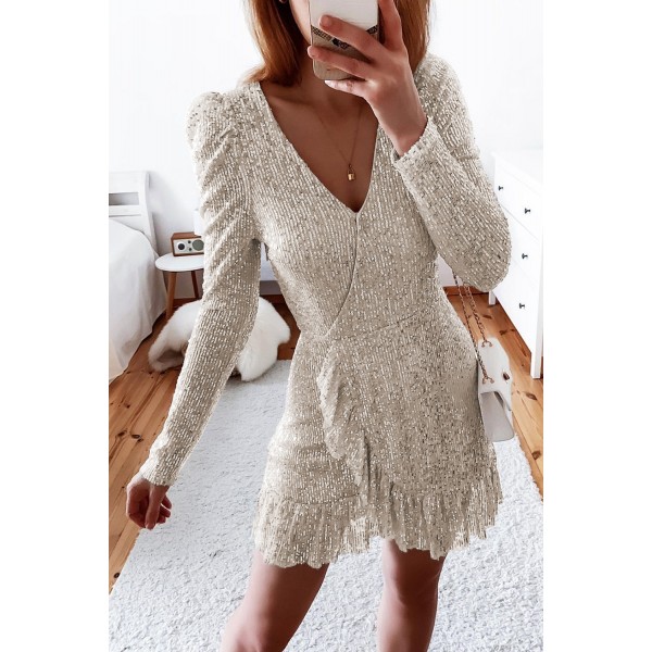 Sequin Ruffle Hemline Wrap V Neck Mini Dress