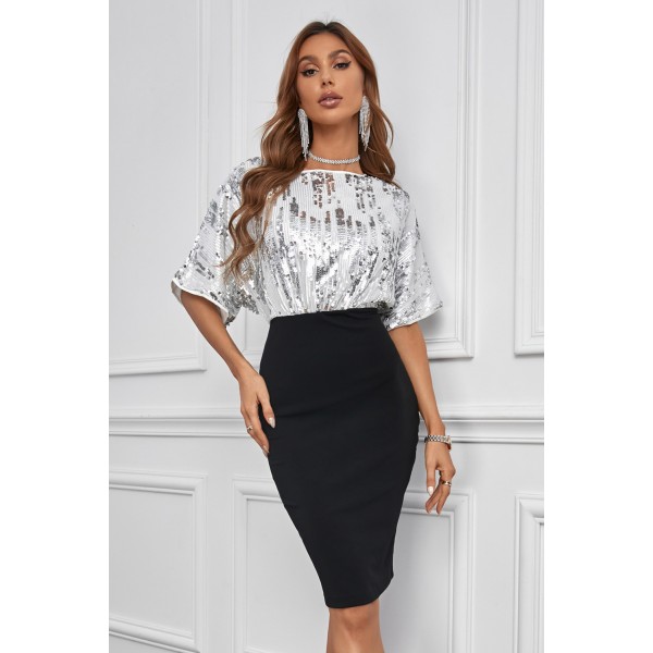 Black Sequin Batwing Top Midi Dress