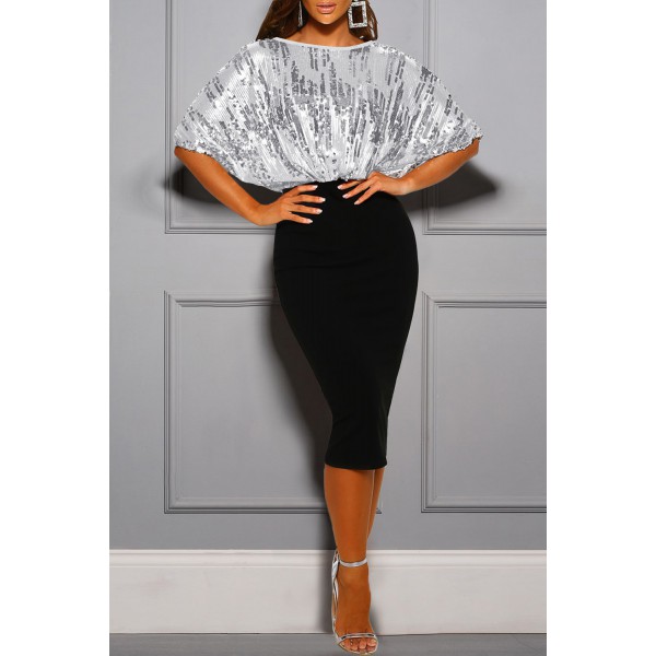 Black Sequin Batwing Top Midi Dress