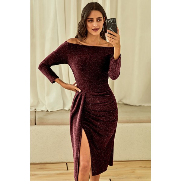 Red Off Shoulder Ruched Thigh High Slit Sequin Dress
