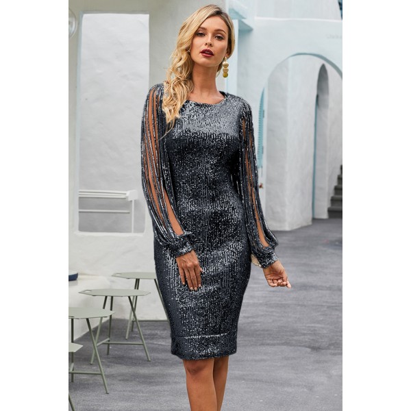 Black Sequin Tassel Sleeve Bodycon Prom Dress