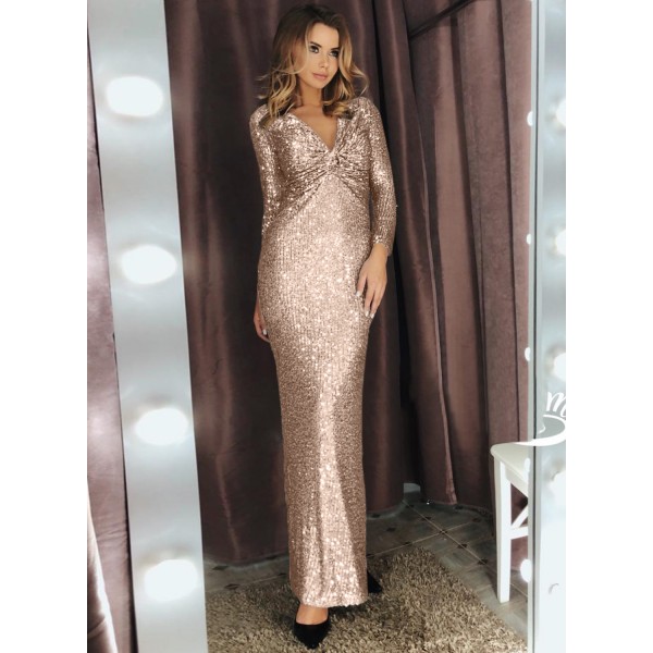 Apricot Long Sleeve V Neck Twist Ruched Sequin Party Maxi Dress