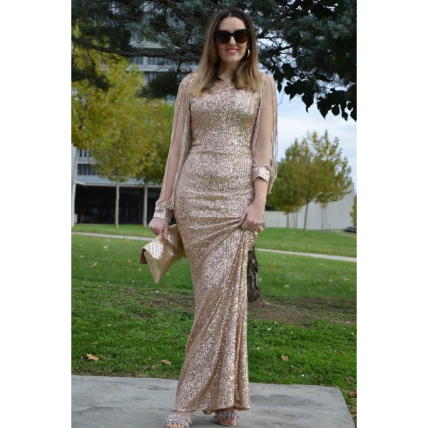 Apricot Off Shoulder Tasseled Sleeve Sequin Party Maxi Dress