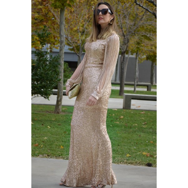 Apricot Off Shoulder Tasseled Sleeve Sequin Party Maxi Dress