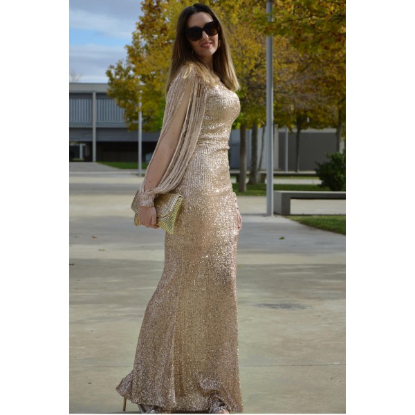 Apricot Off Shoulder Tasseled Sleeve Sequin Party Maxi Dress