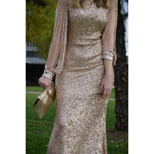 Apricot Off Shoulder Tasseled Sleeve Sequin Party Maxi Dress