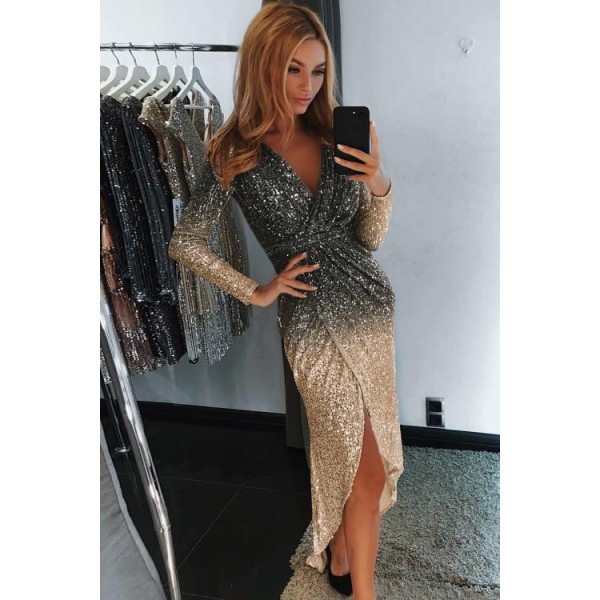 Black Ombre Sequin Wrapped Ruched Irregular Dress