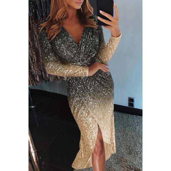 Black Ombre Sequin Wrapped Ruched Irregular Dress