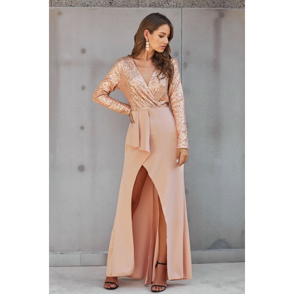 Apricot Long Sleeve V Neck Wrapped Sequin Bodice Long Party Dress