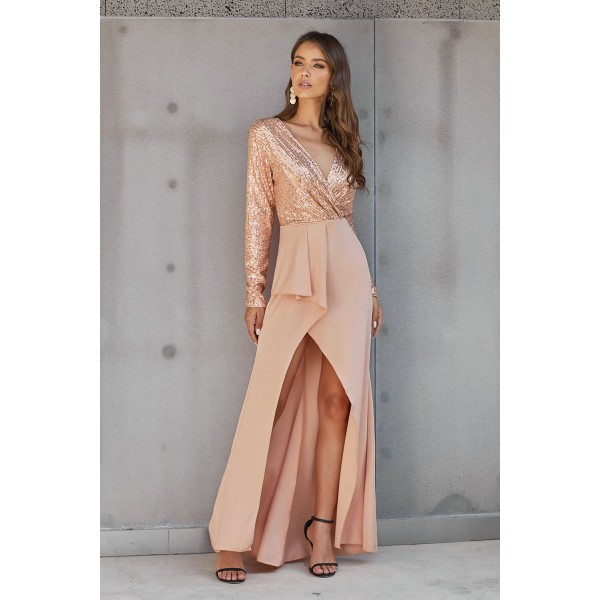 Apricot Long Sleeve V Neck Wrapped Sequin Bodice Long Party Dress