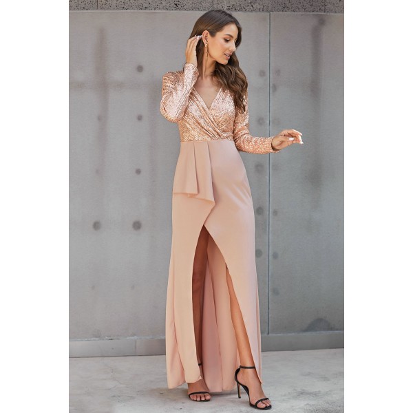 Apricot Long Sleeve V Neck Wrapped Sequin Bodice Long Party Dress
