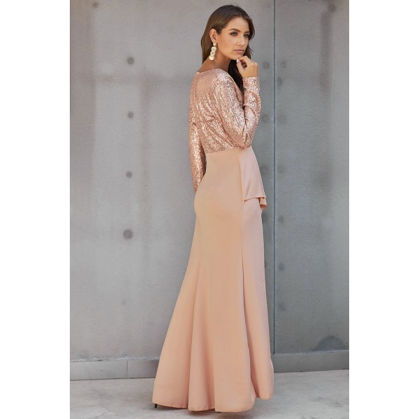 Apricot Long Sleeve V Neck Wrapped Sequin Bodice Long Party Dress