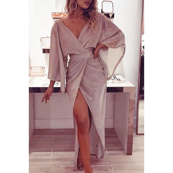 Glitter Plunge Long Sleeve Slit Dress