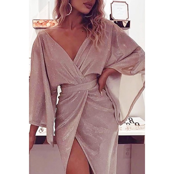 Glitter Plunge Long Sleeve Slit Dress
