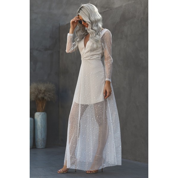 Deep V Neck Long Sleeve Sequin Tulle Wedding Long Dress