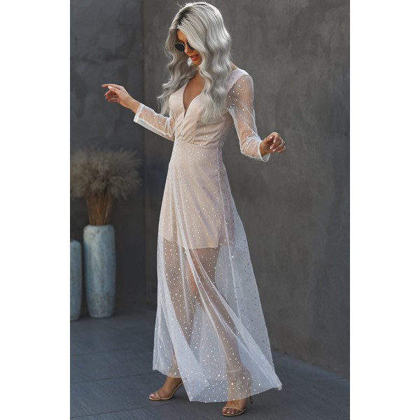 Deep V Neck Long Sleeve Sequin Tulle Wedding Long Dress