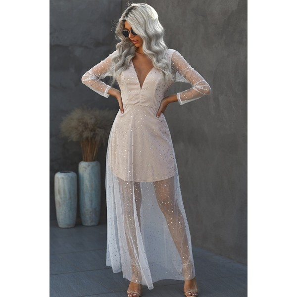 Deep V Neck Long Sleeve Sequin Tulle Wedding Long Dress