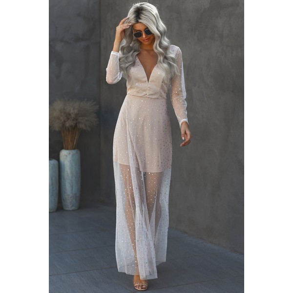 Deep V Neck Long Sleeve Sequin Tulle Wedding Long Dress