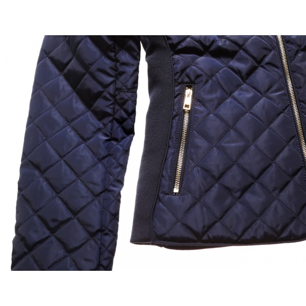 Navy Diamond Quilted High Neck Cotton Jacket