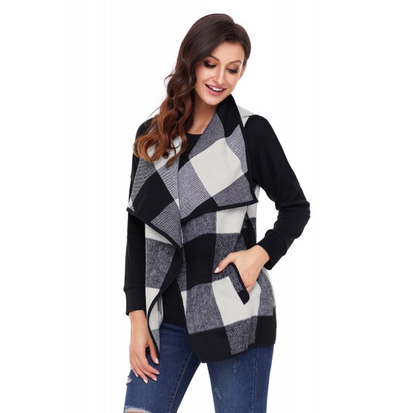 Black White Plaid Open Front Vest