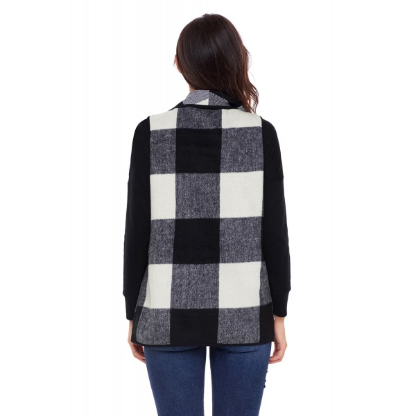 Black White Plaid Open Front Vest