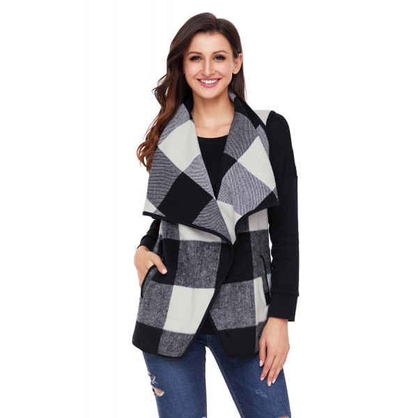 Black White Plaid Open Front Vest