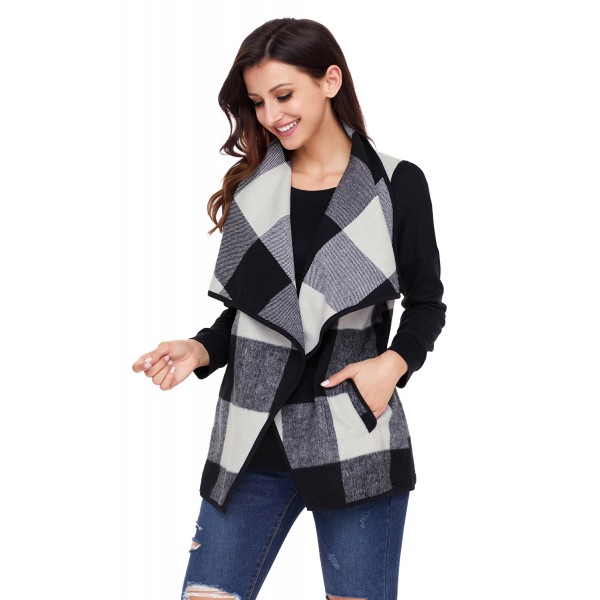 Black White Plaid Open Front Vest