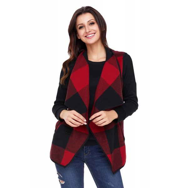 Red Black Plaid Open Front Vest