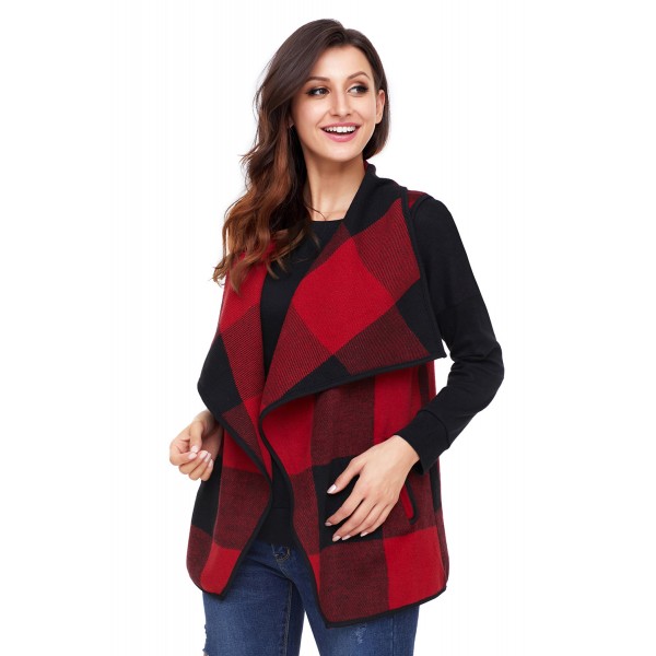 Red Black Plaid Open Front Vest