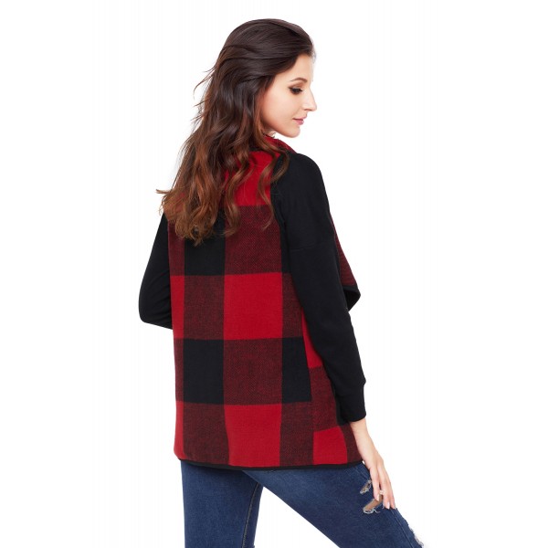 Red Black Plaid Open Front Vest