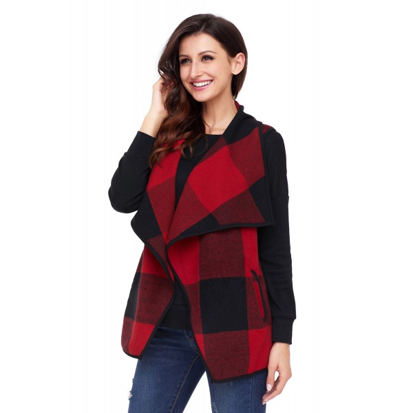 Red Black Plaid Open Front Vest