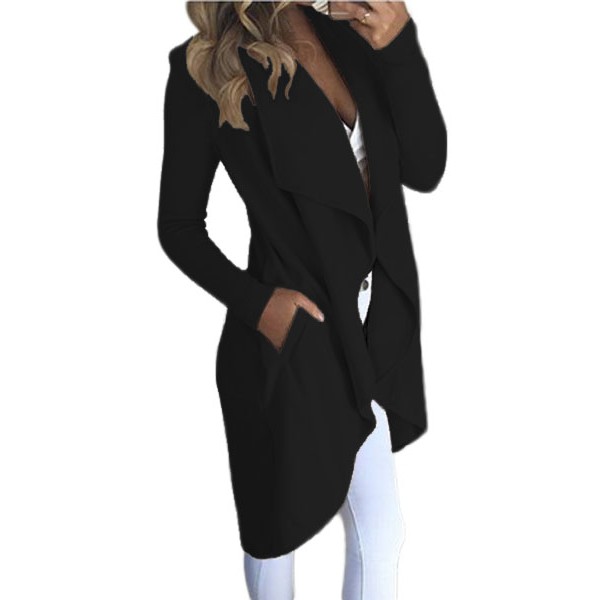 Black Lapel Collar Irregular Hem Knit Trench Coat