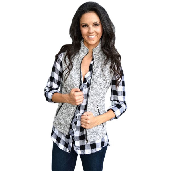 Gray Zipped Quilted Vest with Pockets