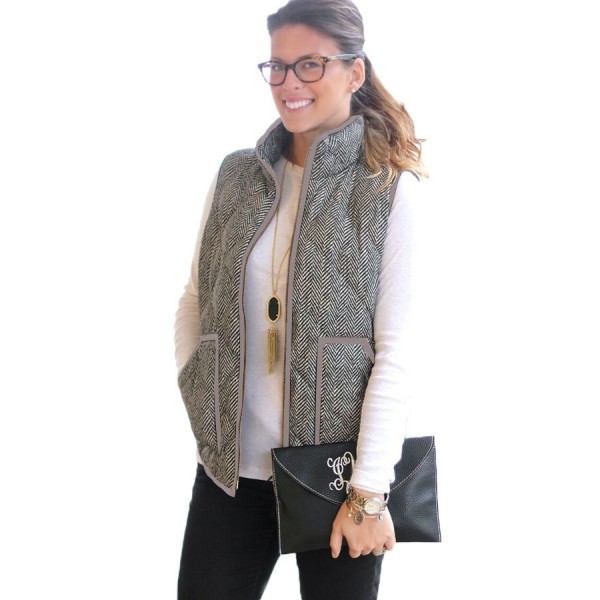 Gray Zipped Quilted Vest with Coffee Frame