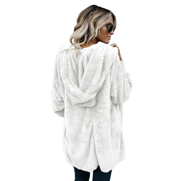 Off White Soft Fleece Hooded Open Front Coat