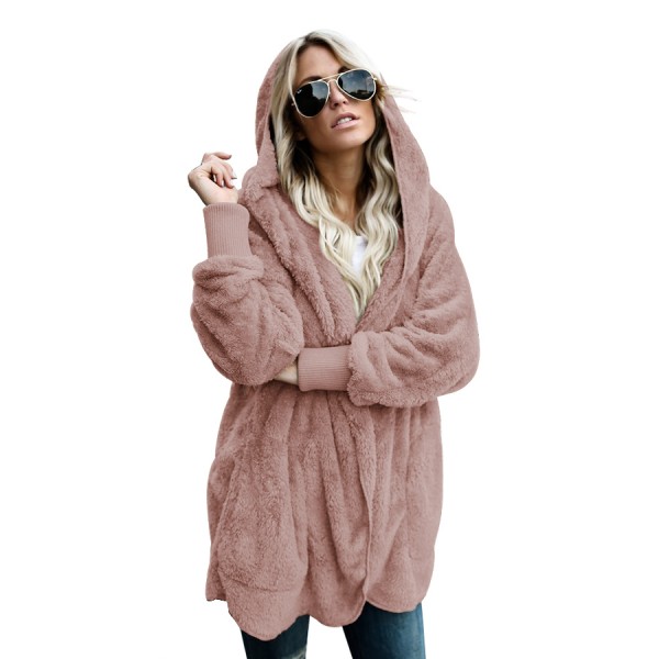 Pink Soft Fleece Hooded Open Front Coat