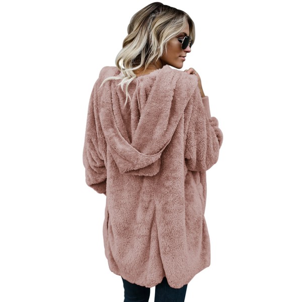 Pink Soft Fleece Hooded Open Front Coat