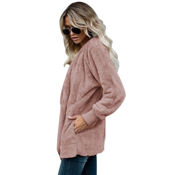 Pink Soft Fleece Hooded Open Front Coat