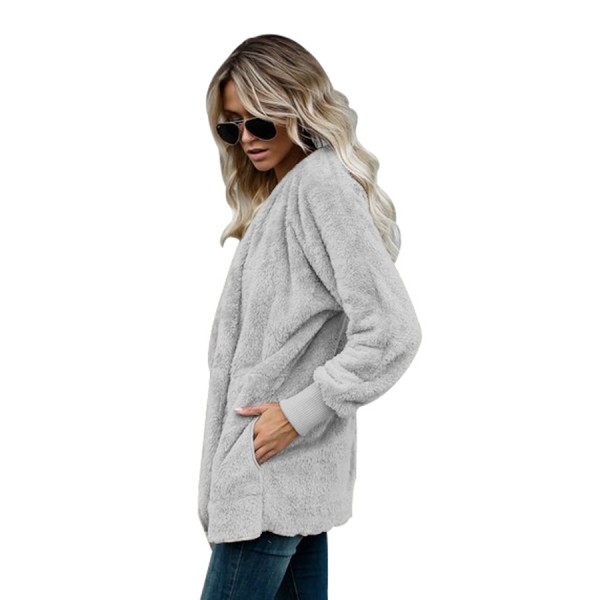 Grey Soft Fleece Hooded Open Front Coat