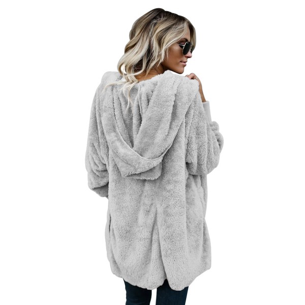 Grey Soft Fleece Hooded Open Front Coat