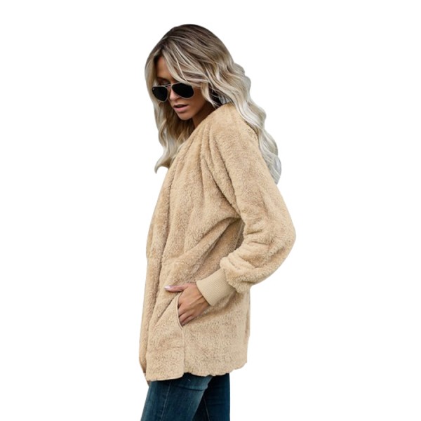 Khaki Soft Fleece Hooded Open Front Coat