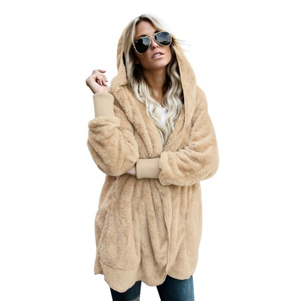 Khaki Soft Fleece Hooded Open Front Coat