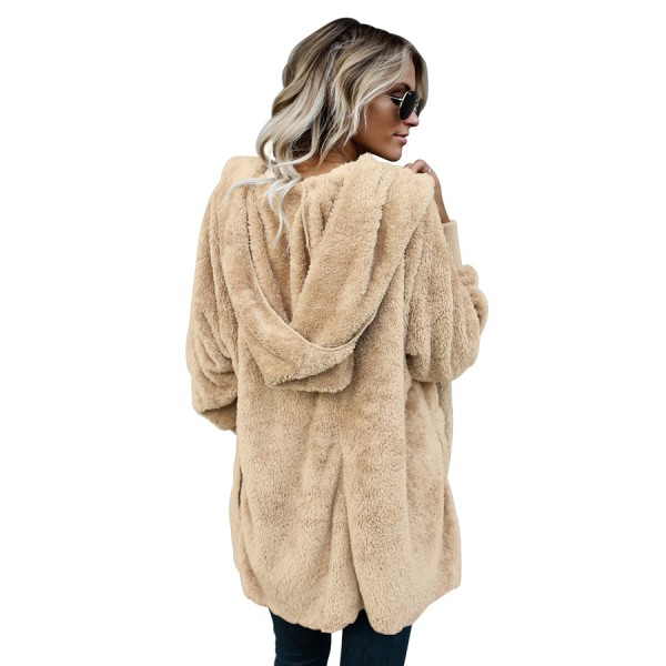 Khaki Soft Fleece Hooded Open Front Coat