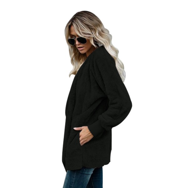 Black Soft Fleece Hooded Open Front Coat