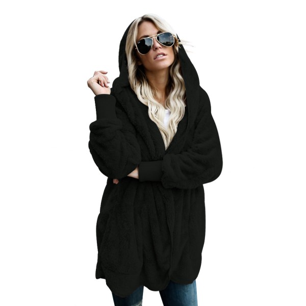 Black Soft Fleece Hooded Open Front Coat